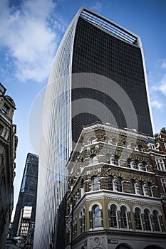 City of London buildings under two skyscrapers at Fenchurch Street photo